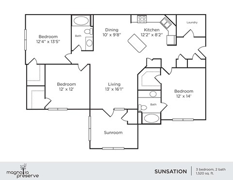 Floor plan for 3 beds, 2 baths, 1520 sqft